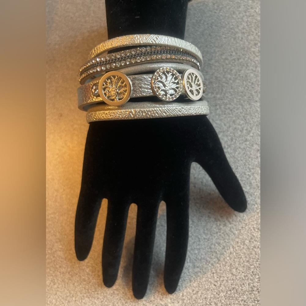 Tree Of Life Silver Faux Leather Cuff Bracelet